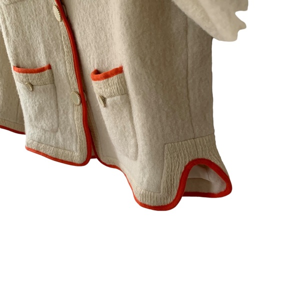 Pushbutton Boucle Cream With Orange Trim Snap Button Collarless Blazer Large - Picture 6 of 12